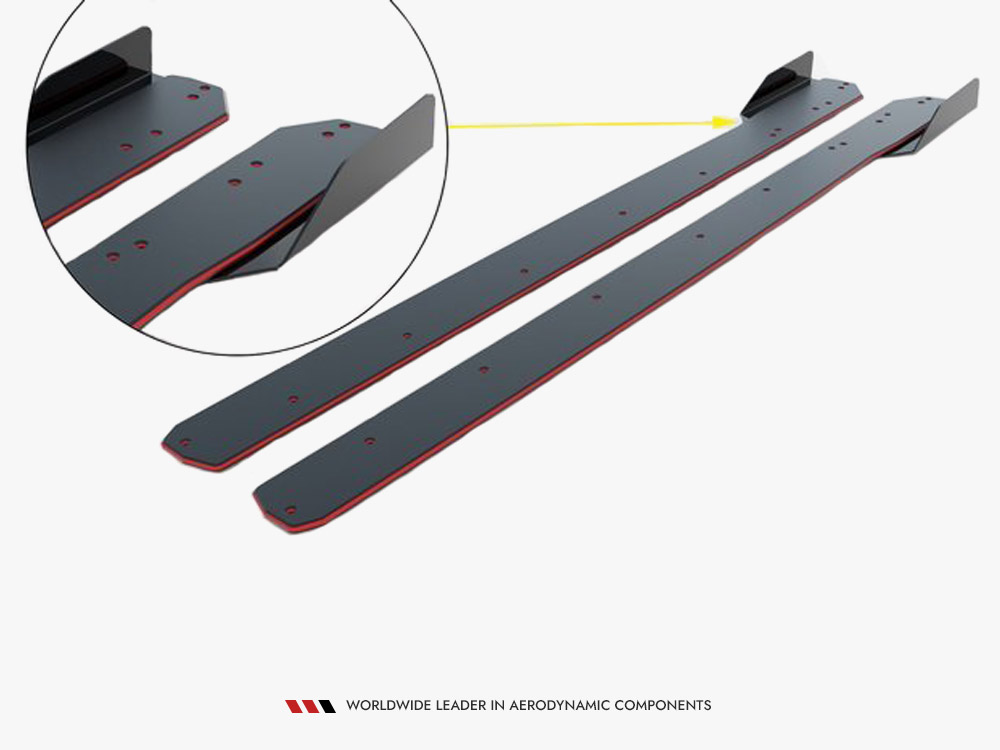 Street PRO Side Skirts Diffusers V.1 + Flaps Ford Mustang GT Mk6 Facelift - Black-Red + Gloss Flaps - 5 